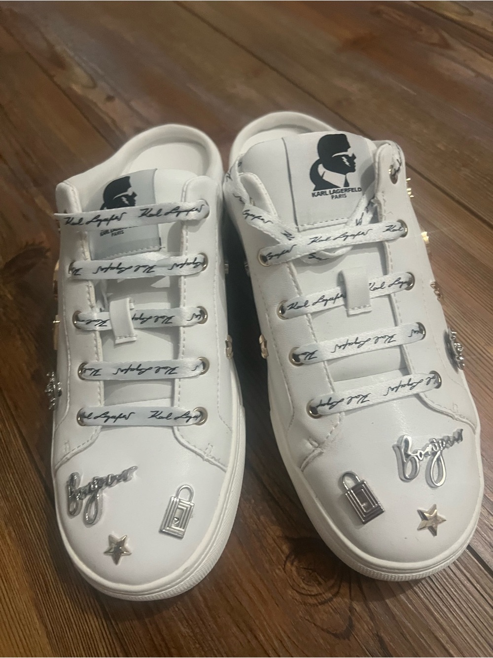 Karl Lagerfeld Kids White Logo Charm Sneakers with Silver Accents